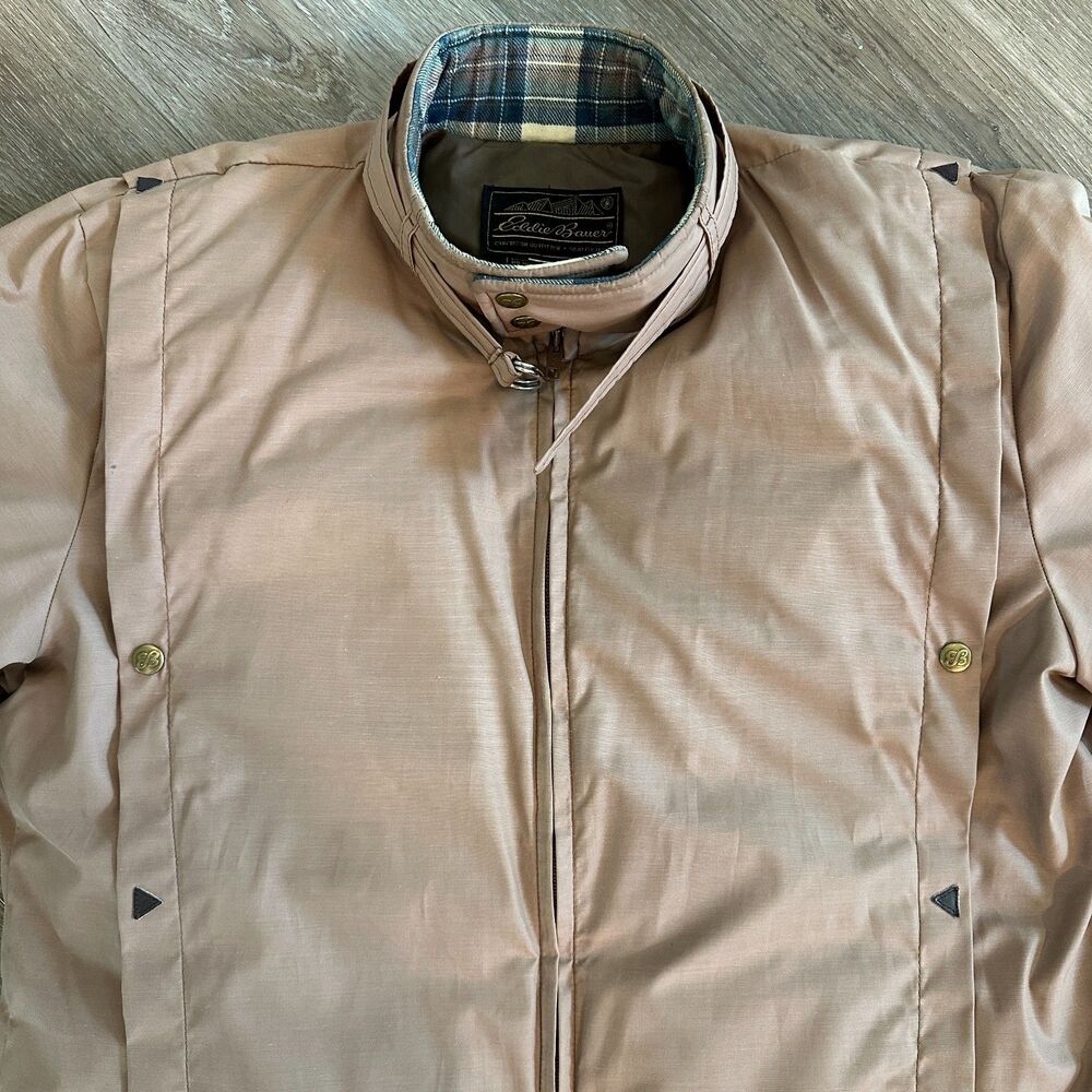 Vintage 80s Eddie Bauer Goose Down Jacket Plaid Collar Tan Outerwear Size Large